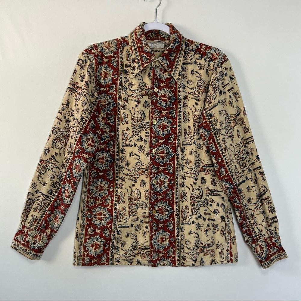 Vintage 70s Indian Block Print Hippie Boho Cotton Shirt Size Large Button Front